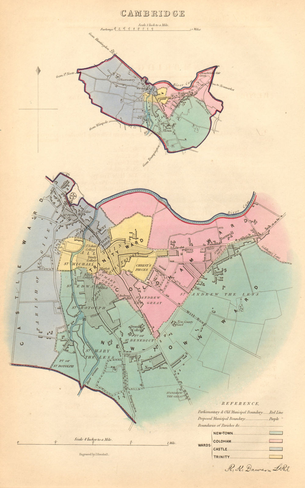 CAMBRIDGE borough/town/city plan. BOUNDARY COMMISSION. DAWSON 1837 old map