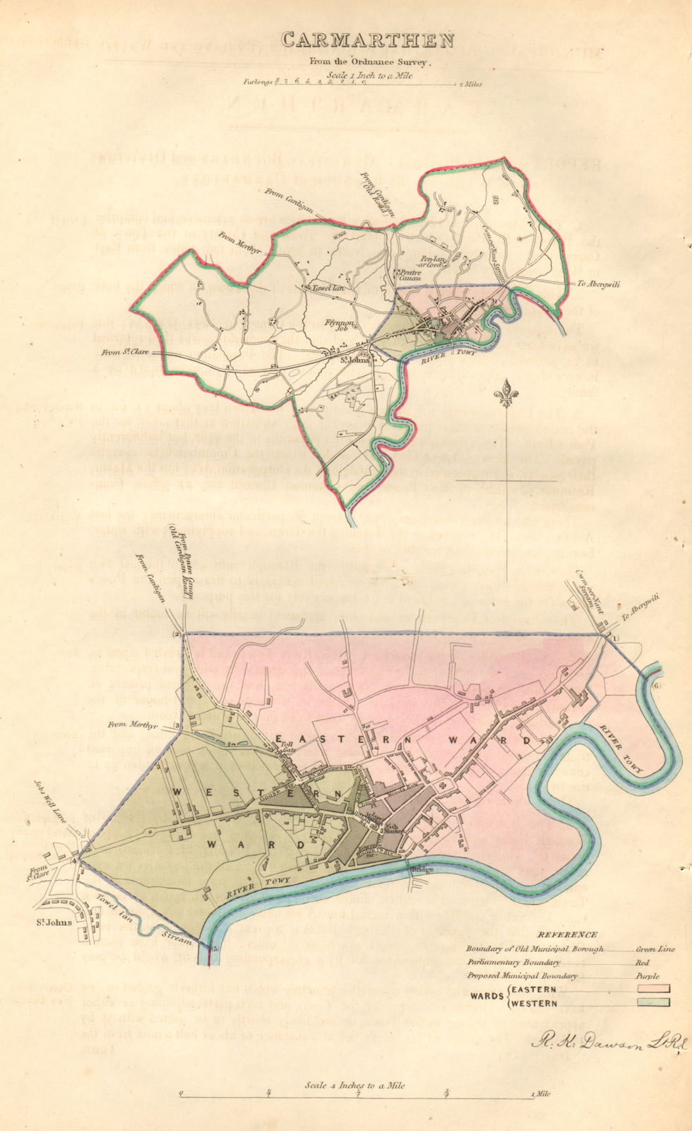 CARMARTHEN borough/town plan. BOUNDARY COMMISSION. Wales. DAWSON 1837 old map