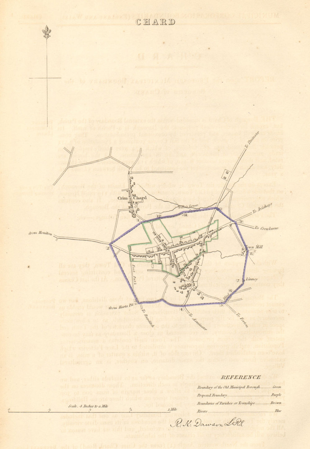 CHARD borough/town plan. BOUNDARY COMMISSION. Somerset. DAWSON 1837 old map