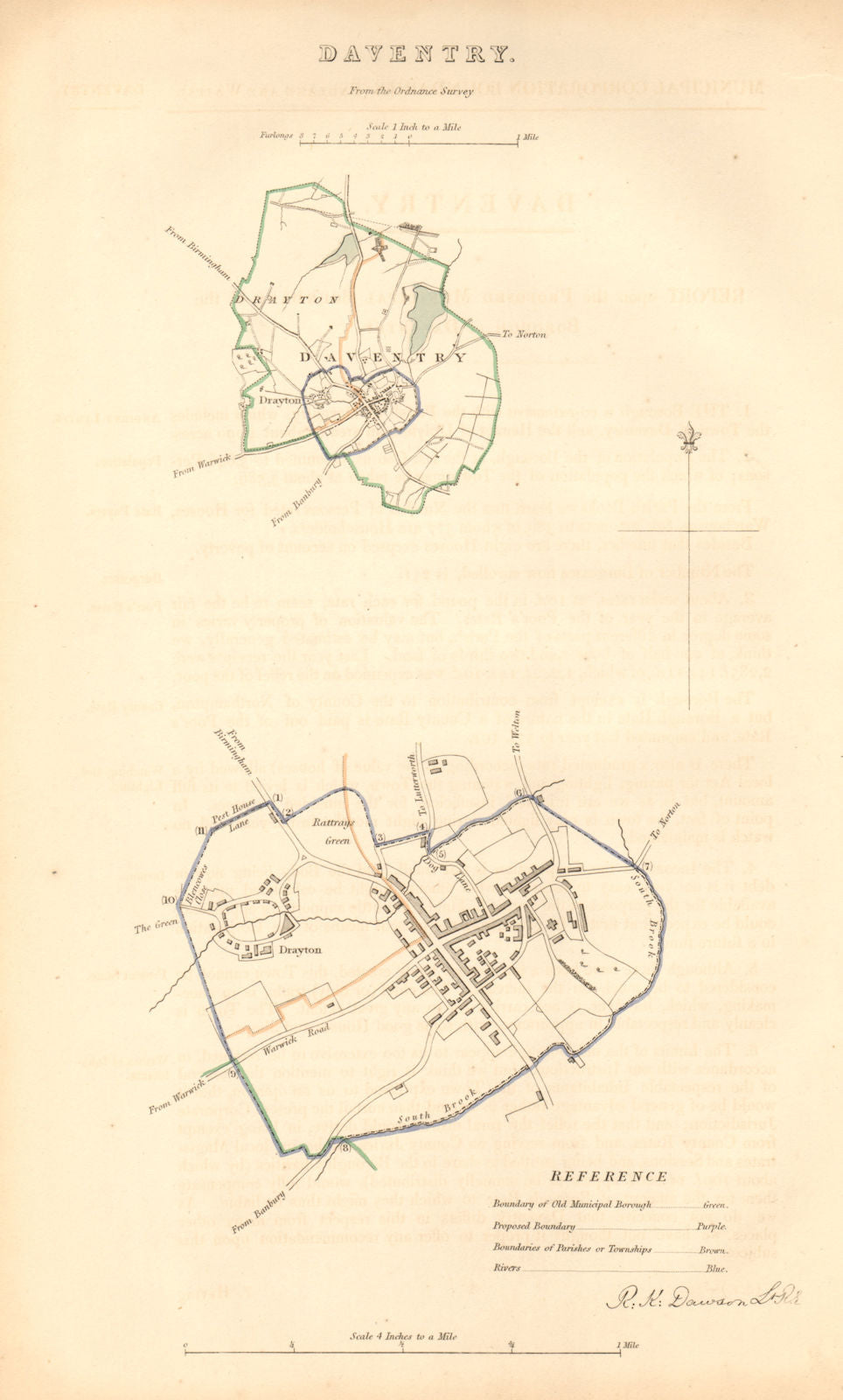 DAVENTRY borough/town plan. BOUNDARY COMMISSION Northamptonshire DAWSON 1837 map