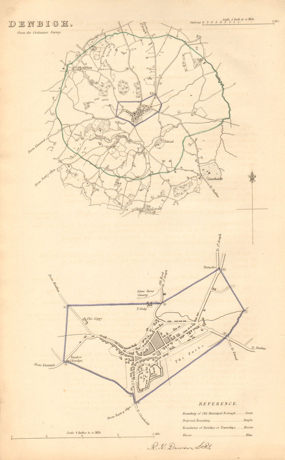 DENBIGH borough/town plan. BOUNDARY COMMISSION. Wales. DAWSON 1837 old map