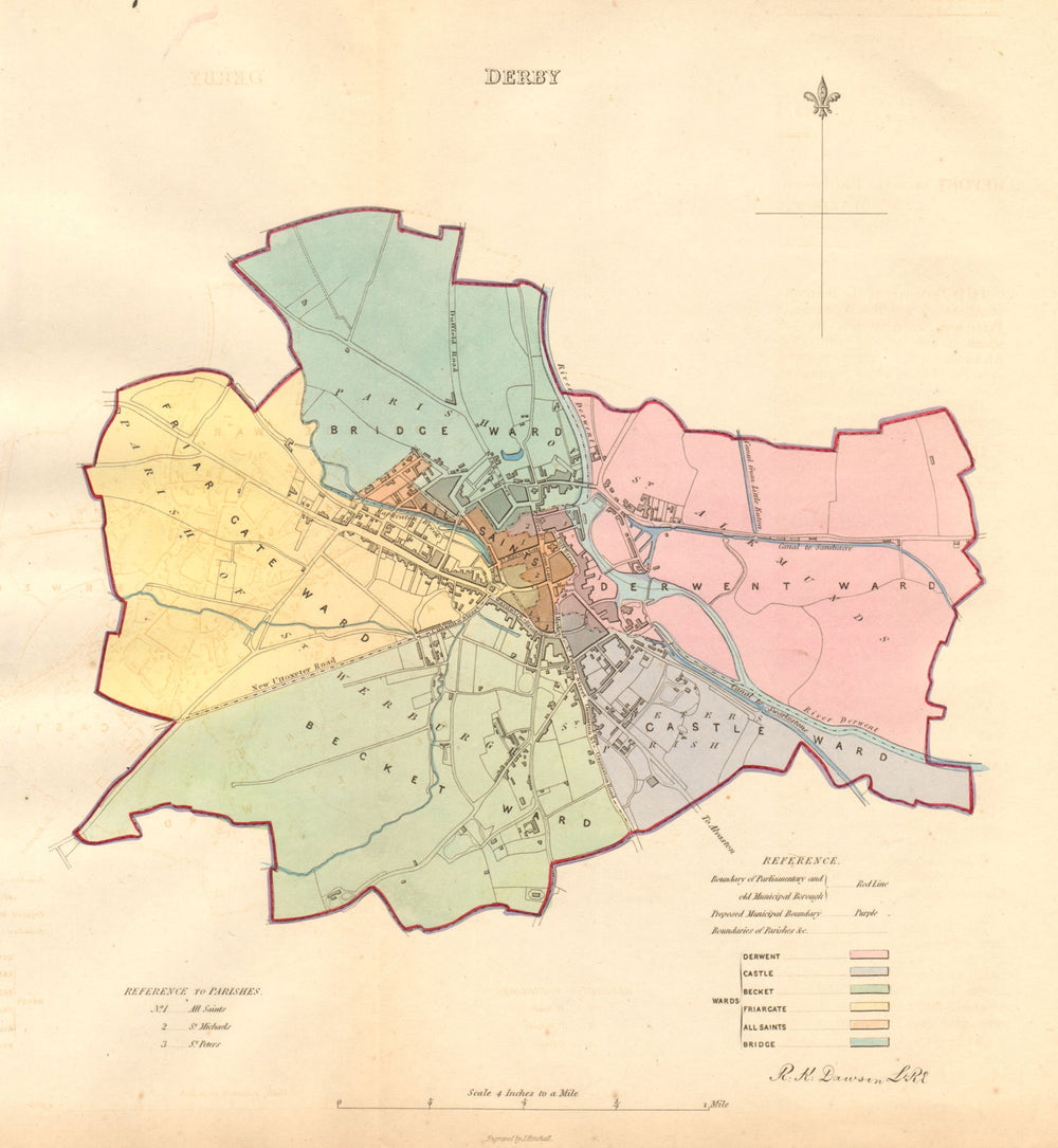 DERBY borough/town/city plan. BOUNDARY COMMISSION. Derbyshire. DAWSON 1837 map