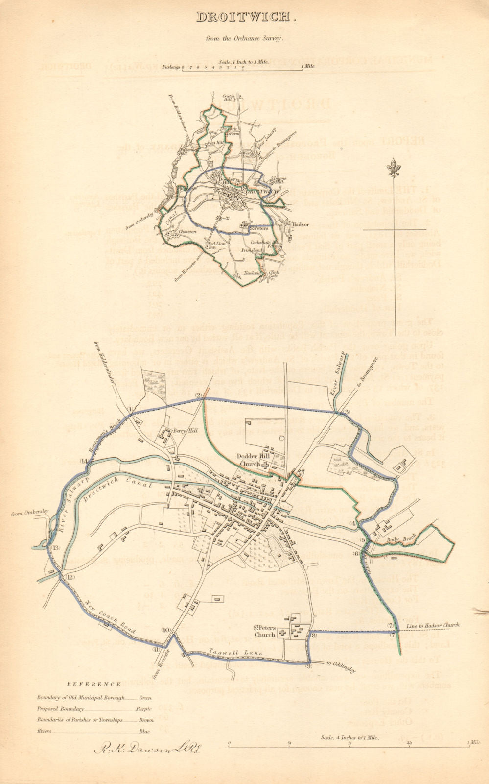 DROITWICH borough/town plan. BOUNDARY COMMISSION Worcestershire. DAWSON 1837 map