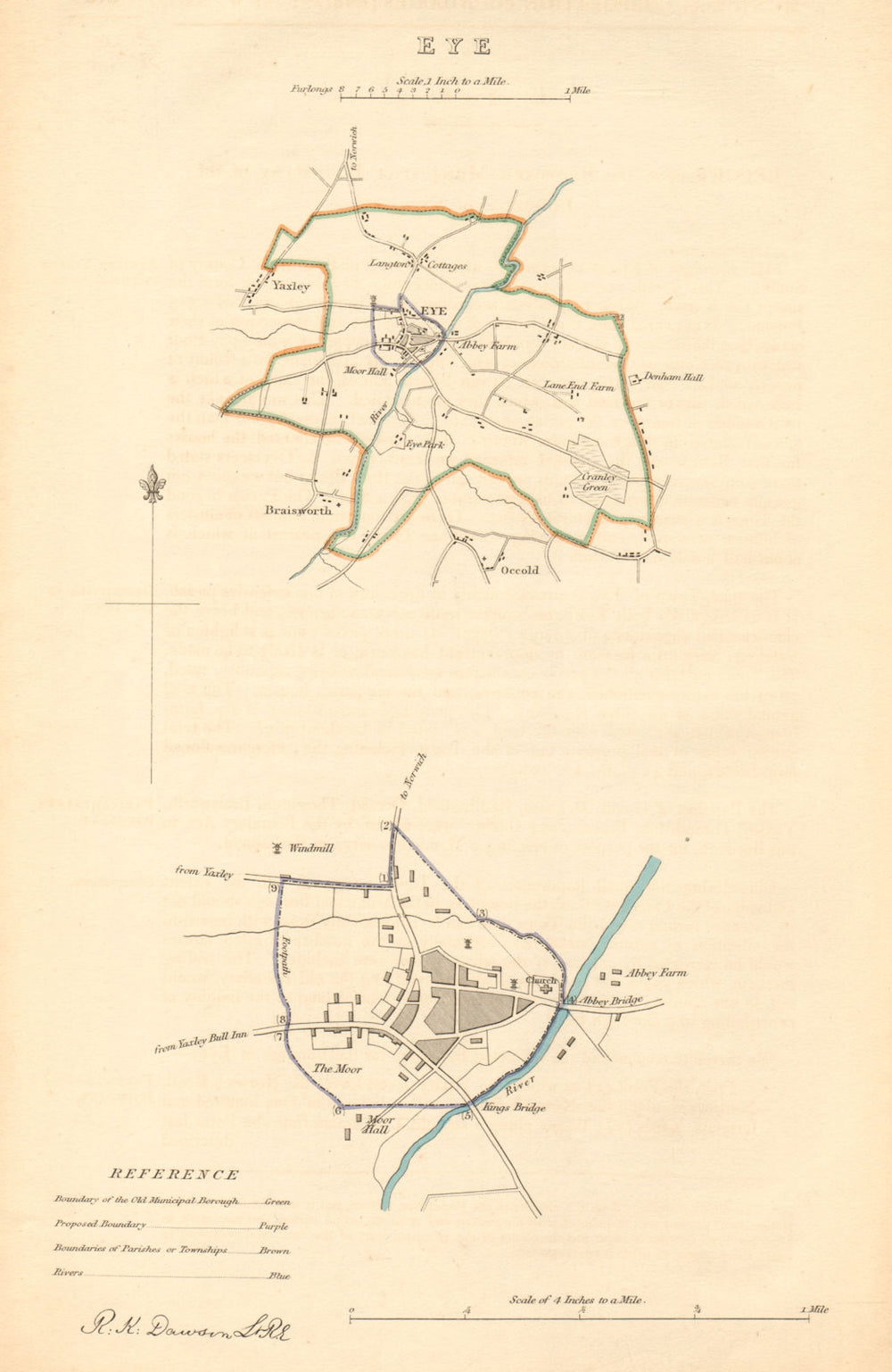 EYE borough/town plan BOUNDARY COMMISSION Yaxley Occold Suffolk DAWSON 1837 map