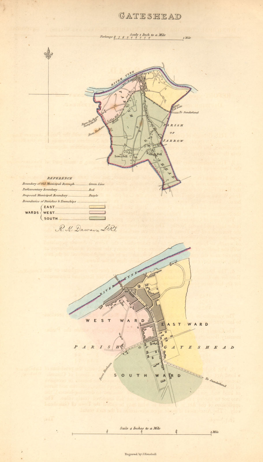 GATESHEAD borough/town/city plan. BOUNDARY COMMISSION. Durham. DAWSON 1837 map