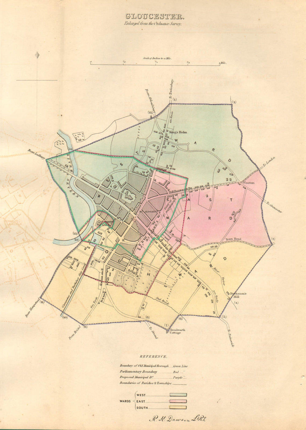 GLOUCESTER borough/town/city plan. BOUNDARY COMMISSION. DAWSON 1837 old map