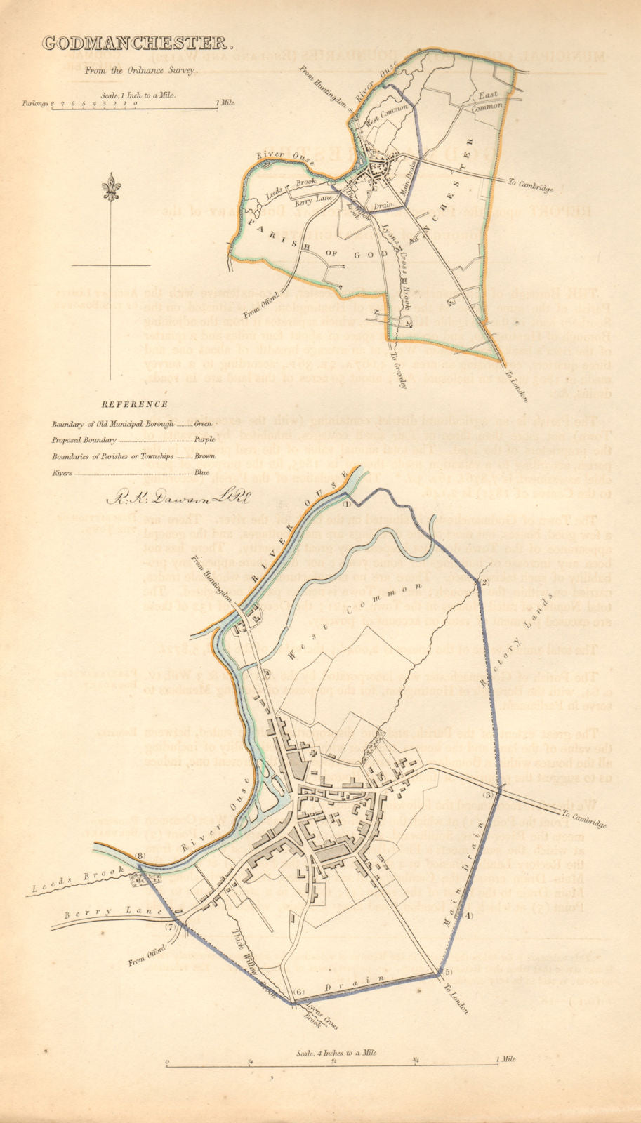GODMANCHESTER borough/town plan. BOUNDARY COMMISSION. Hunts. DAWSON 1837 map