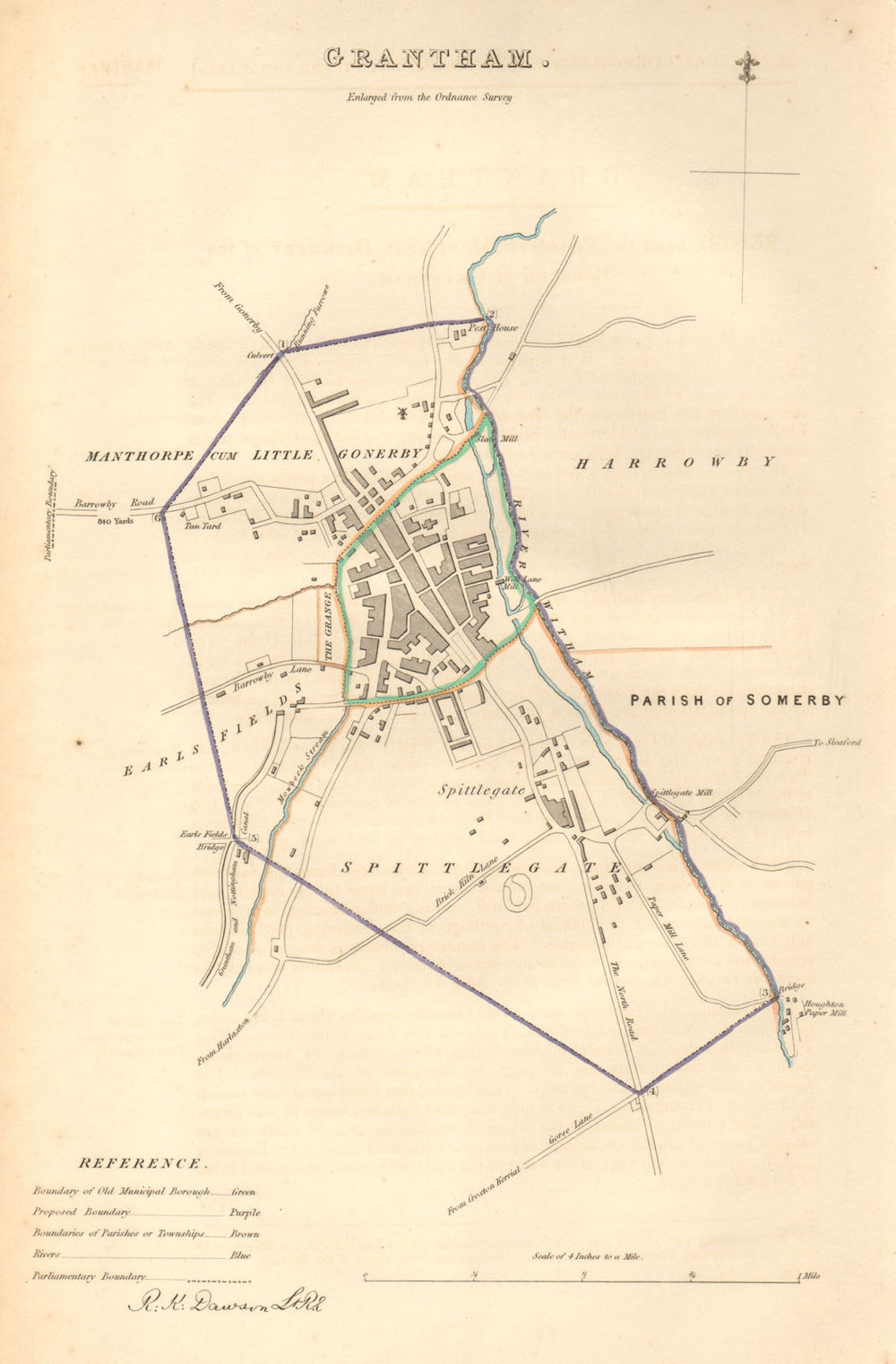 GRANTHAM borough/town plan. BOUNDARY COMMISSION. Lincolnshire. DAWSON 1837 map