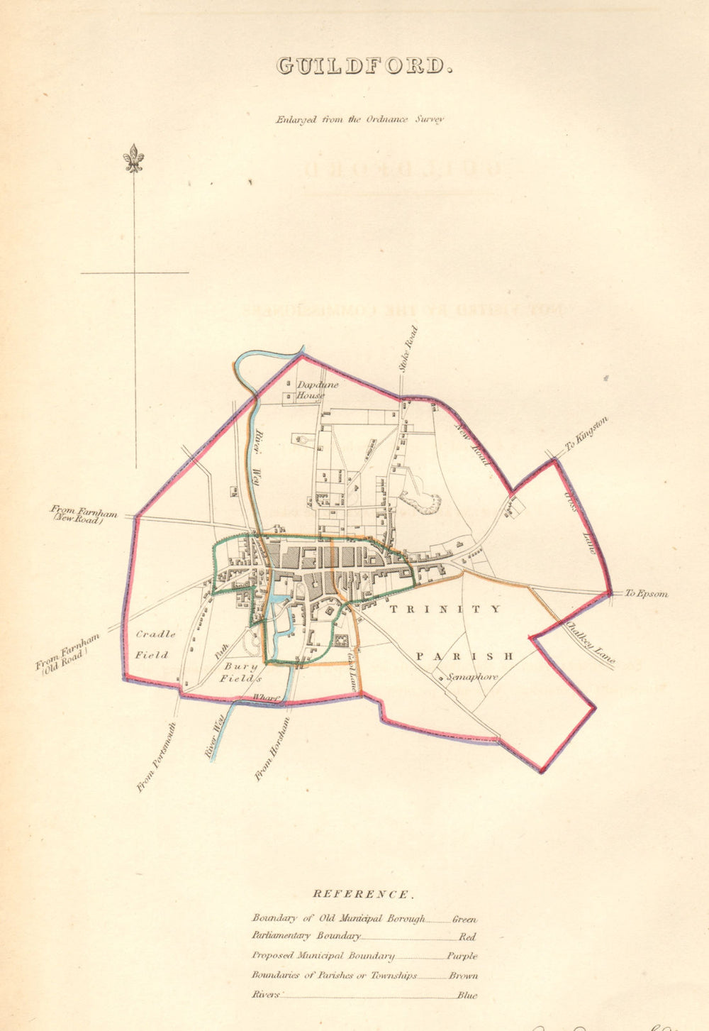 GUILDFORD borough/town/city plan. BOUNDARY COMMISSION. Surrey. DAWSON 1837 map