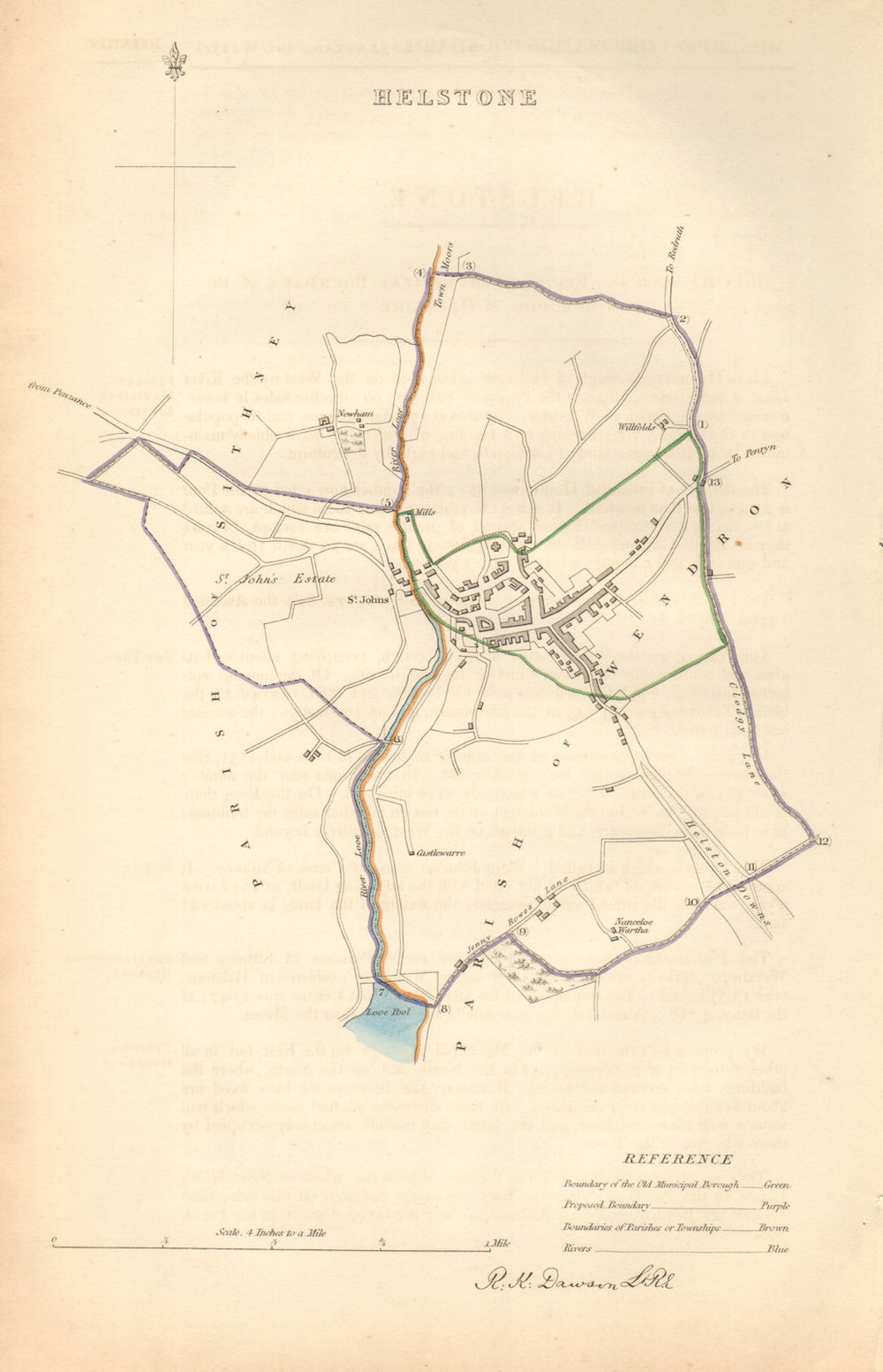HELSTON borough/town plan. BOUNDARY COMMISSION Helstone Cornwall DAWSON 1837 map