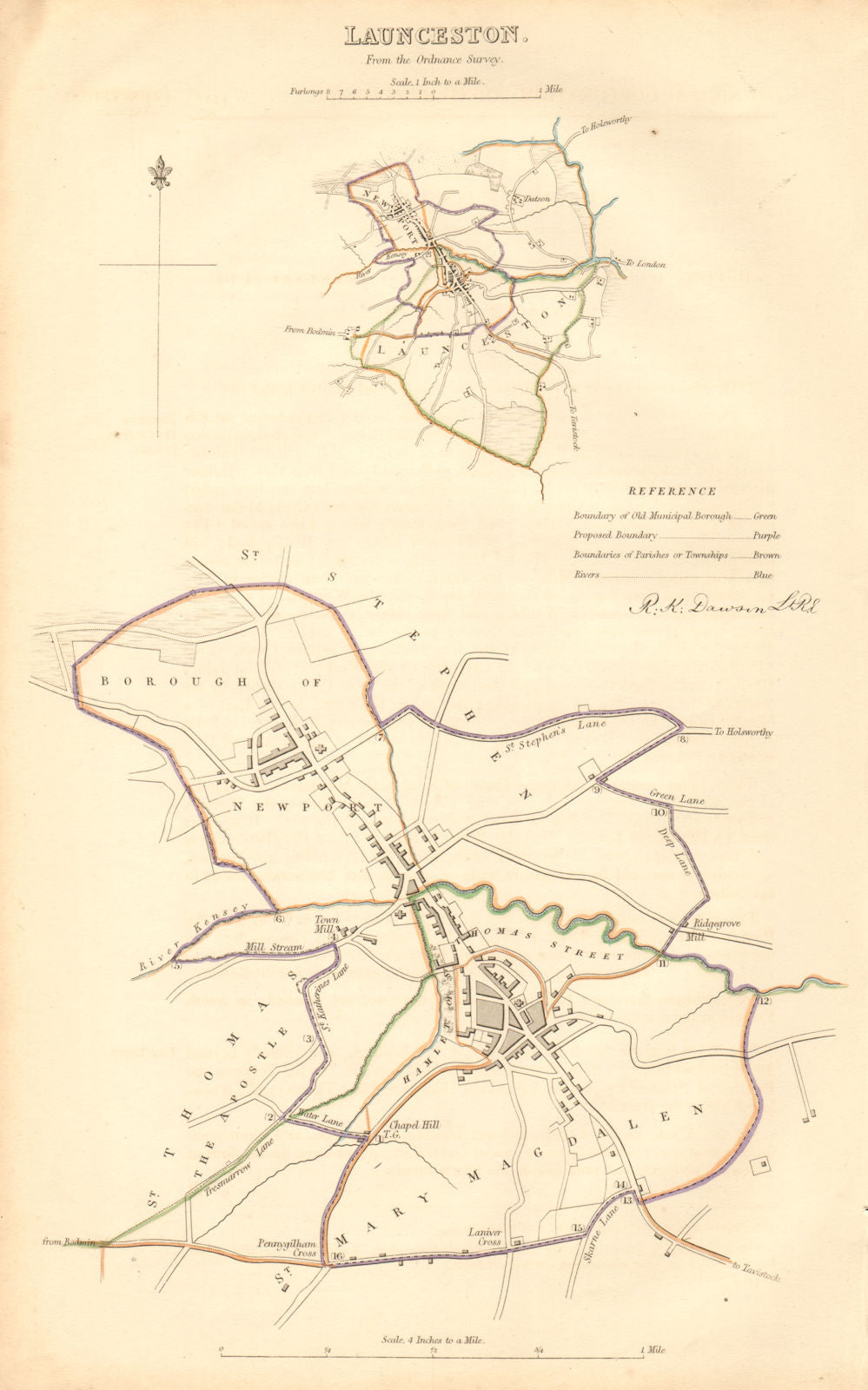 LAUNCESTON borough/town plan. BOUNDARY COMMISSION. Cornwall. DAWSON 1837 map