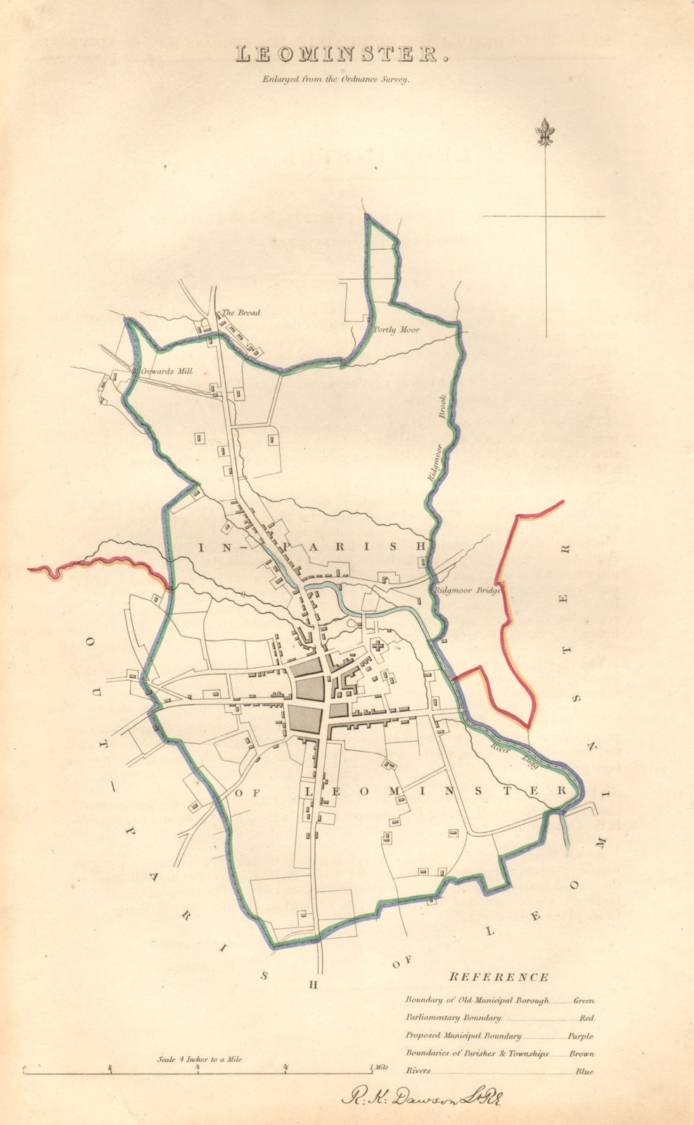 LEOMINSTER borough/town plan. BOUNDARY COMMISSION Herefordshire. DAWSON 1837 map