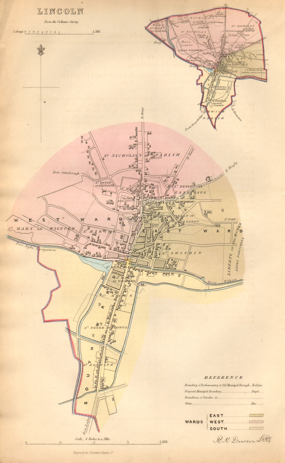LINCOLN borough/town/city plan. BOUNDARY COMMISSION Lincolnshire DAWSON 1837 map
