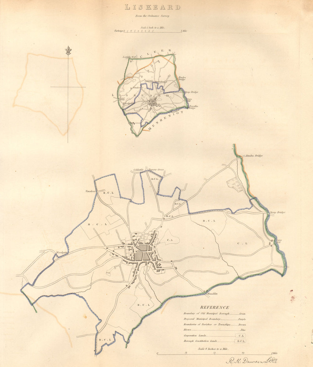 LISKEARD borough/town plan. BOUNDARY COMMISSION. Cornwall. DAWSON 1837 old map