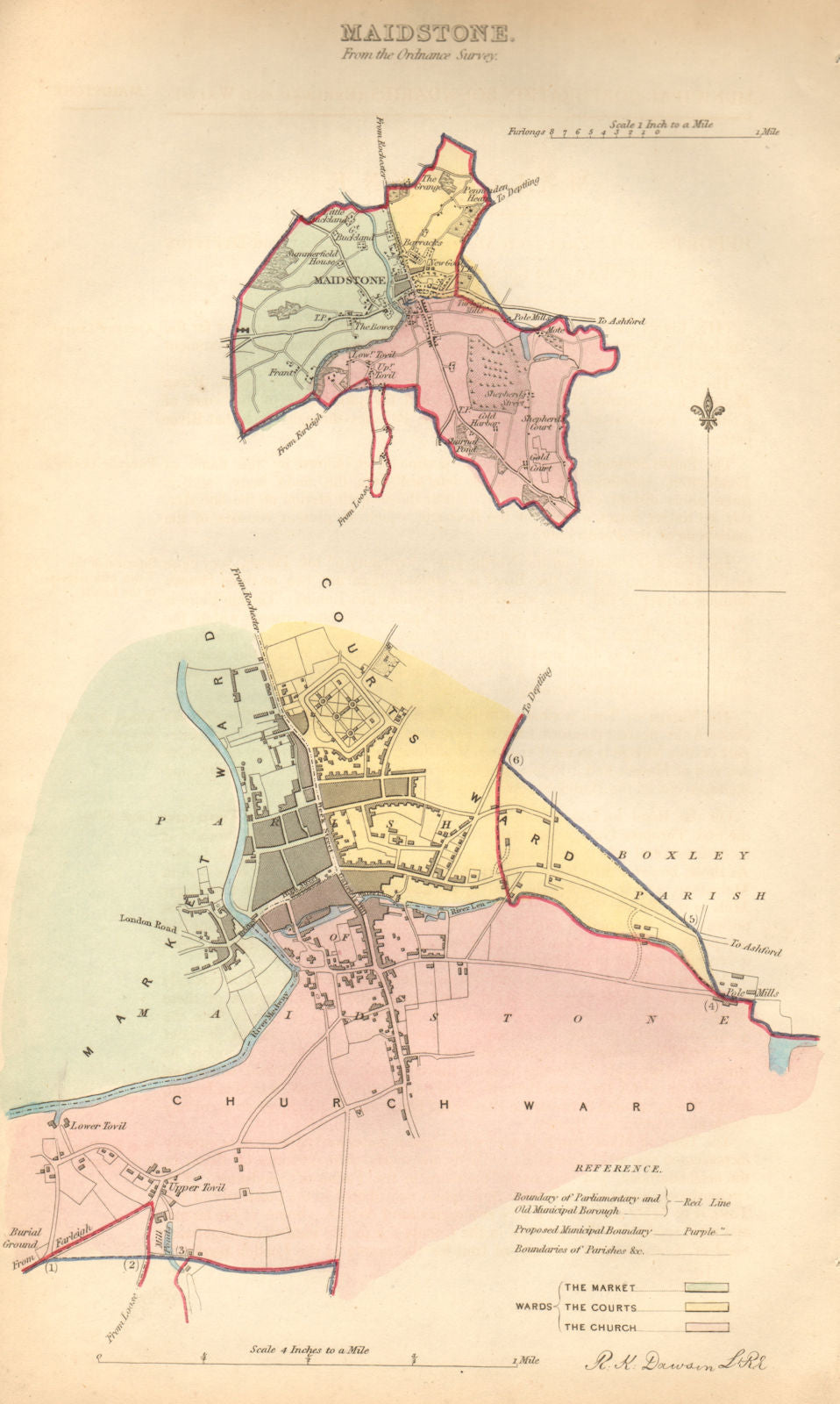 MAIDSTONE borough/town plan. BOUNDARY COMMISSION. Kent. DAWSON 1837 old map