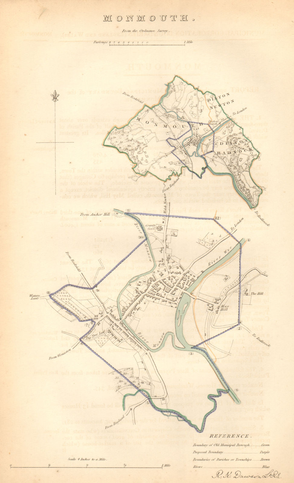 MONMOUTH borough/town plan. BOUNDARY COMMISSION. Monmouthshire. DAWSON 1837 map