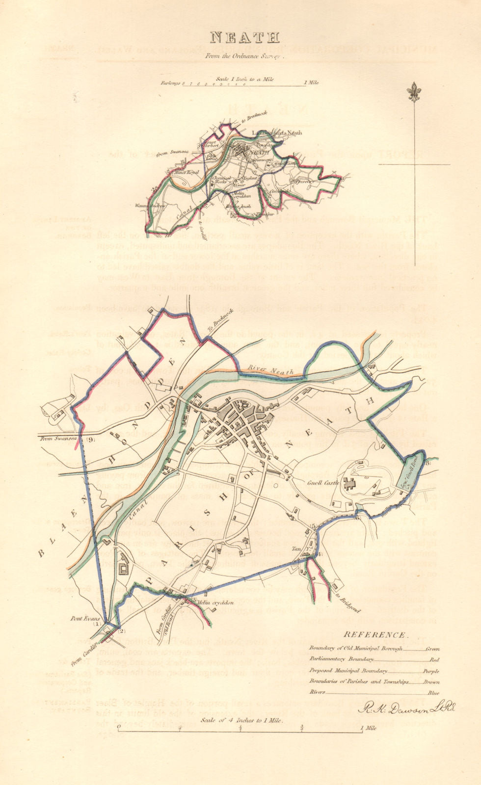 NEATH borough/town plan. BOUNDARY COMMISSION. Wales. DAWSON 1837 old map