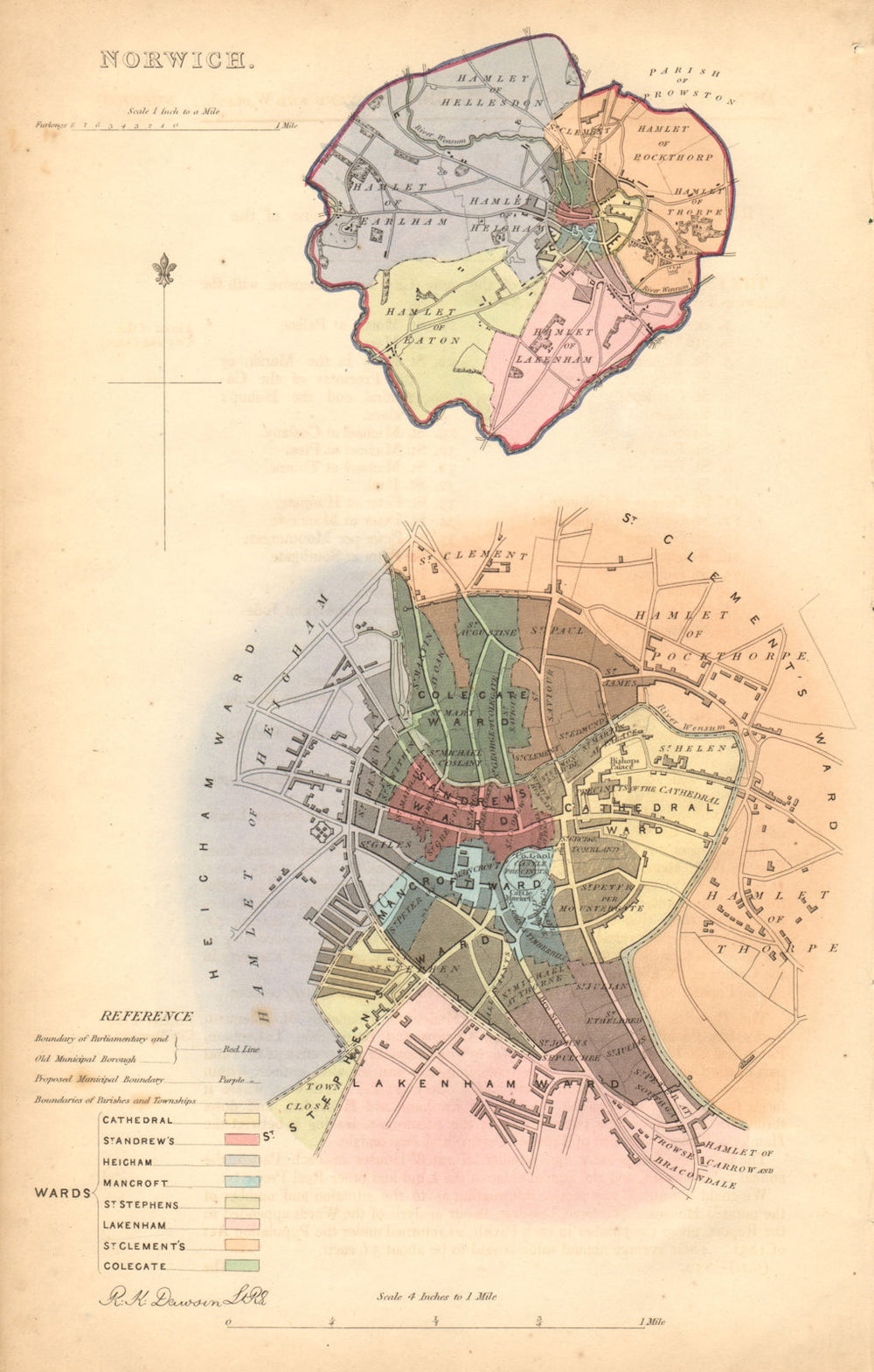 NORWICH borough/town/city plan. BOUNDARY COMMISSION. Norfolk. DAWSON 1837 map
