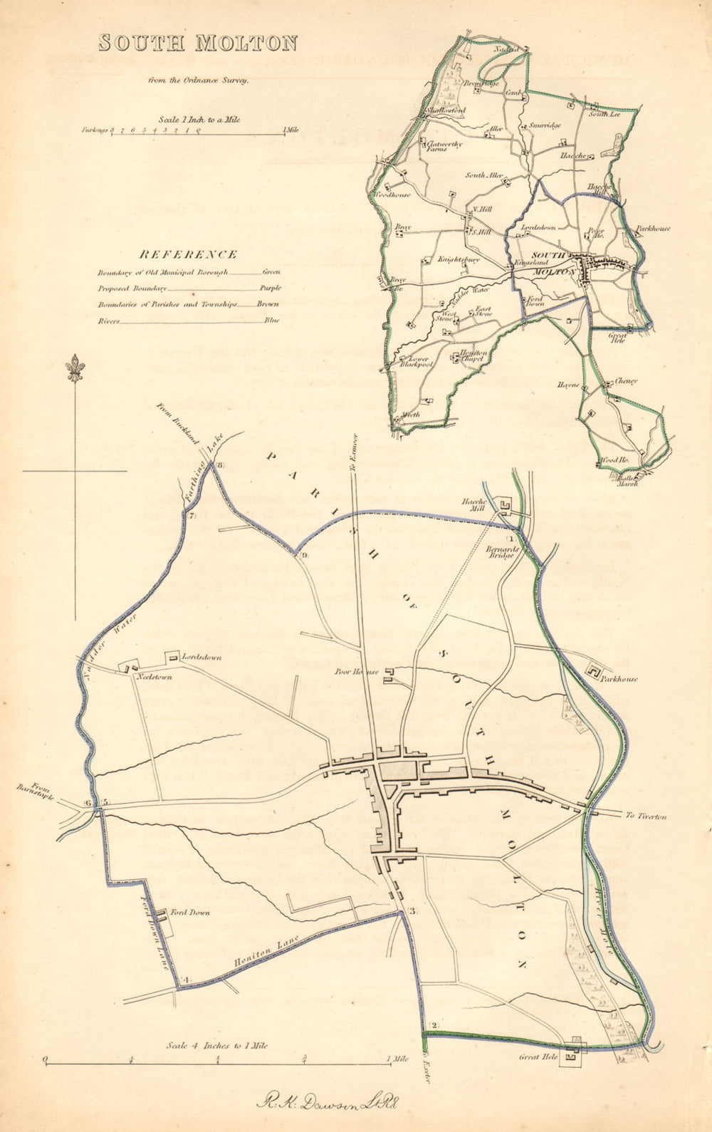 SOUTH MOLTON borough/town plan. BOUNDARY COMMISSION. Devon. DAWSON 1837 map