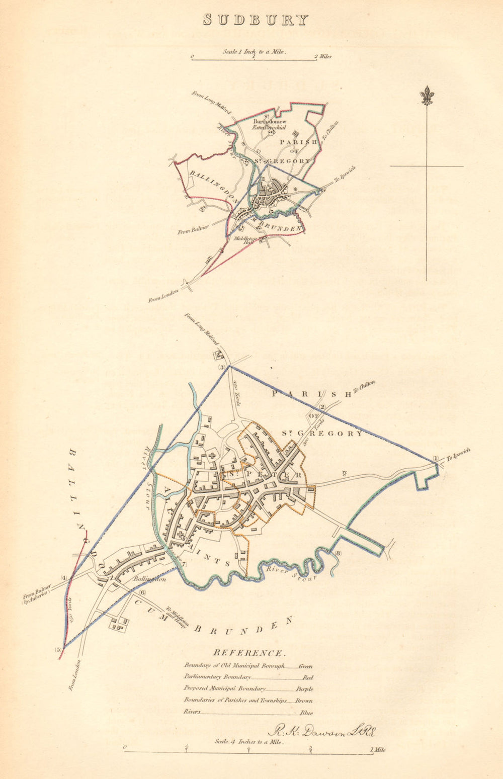 SUDBURY borough/town plan BOUNDARY COMMISSION. Suffolk. DAWSON 1837 old map