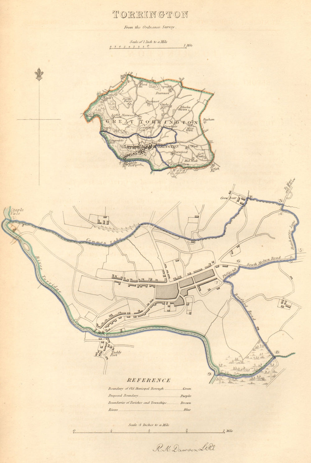 TORRINGTON borough/town plan. BOUNDARY COMMISSION. Devon. DAWSON 1837 old map