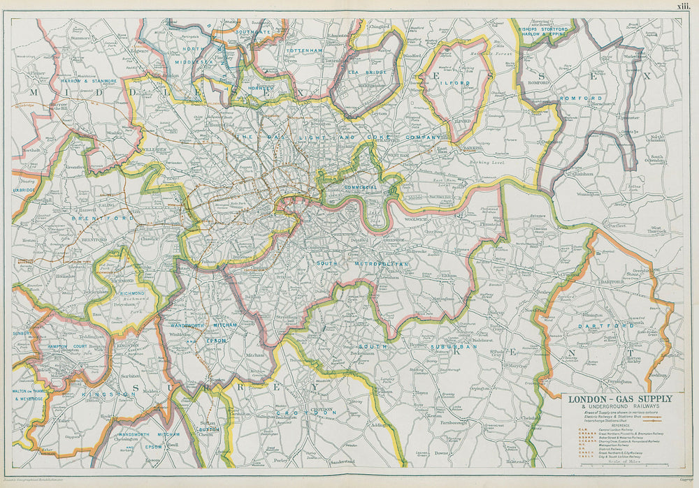 LONDON GAS SUPPLY areas + UNDERGROUND/Tube & electrified railways.BACON 1913 map