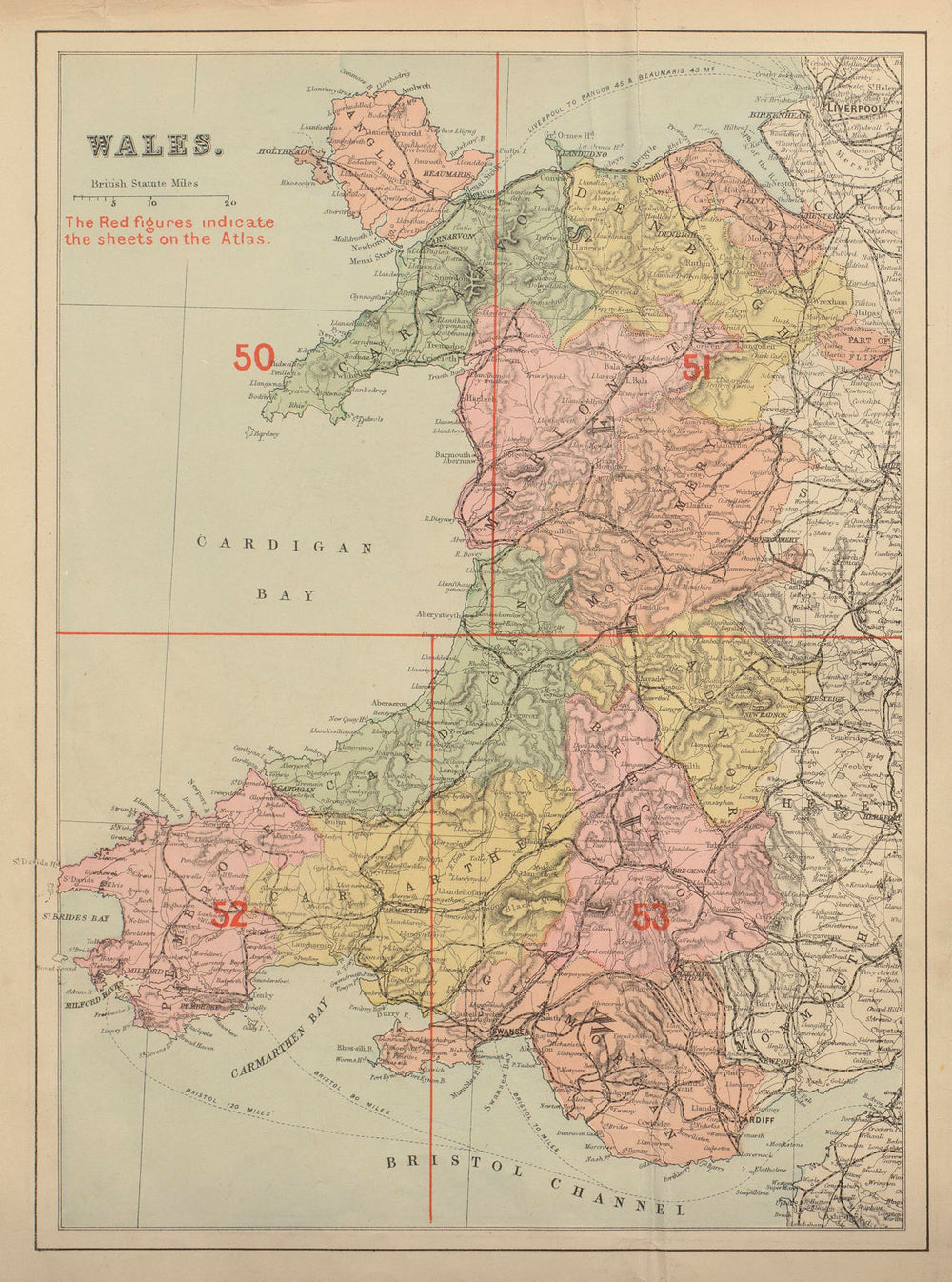 WALES antique index map by GW BACON 1883 old vintage plan chart