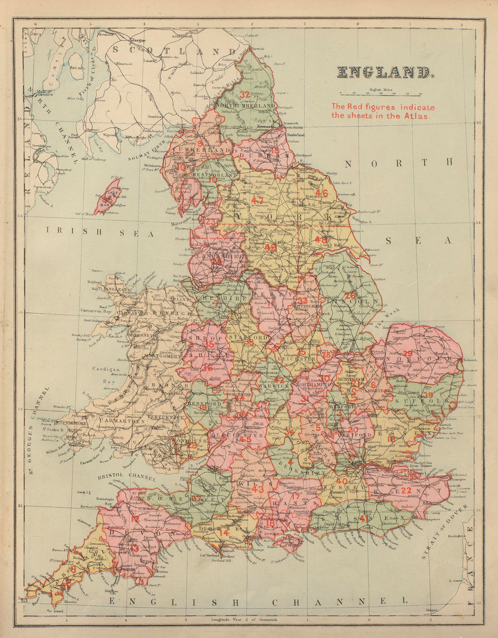 ENGLAND antique index map by GW BACON 1883 old vintage plan chart