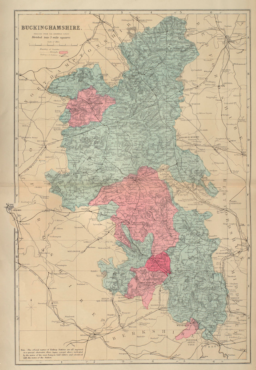 BUCKINGHAMSHIRE antique county map by GW BACON 1883 old plan chart