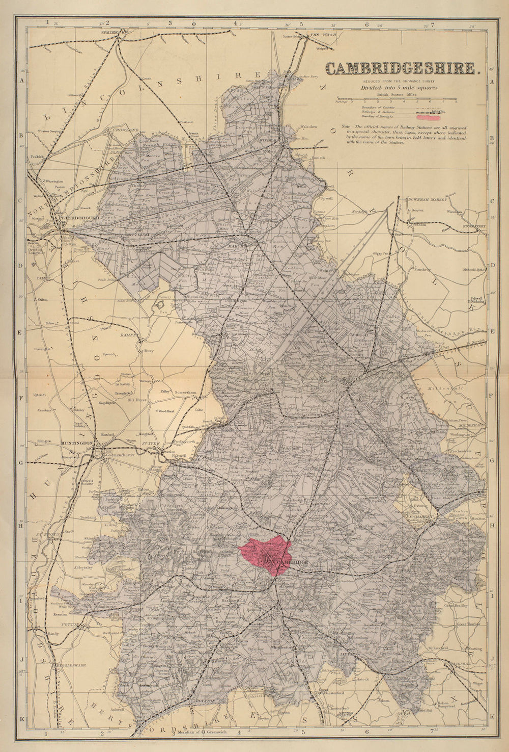 CAMBRIDGESHIRE antique county map by GW BACON 1883 old plan chart