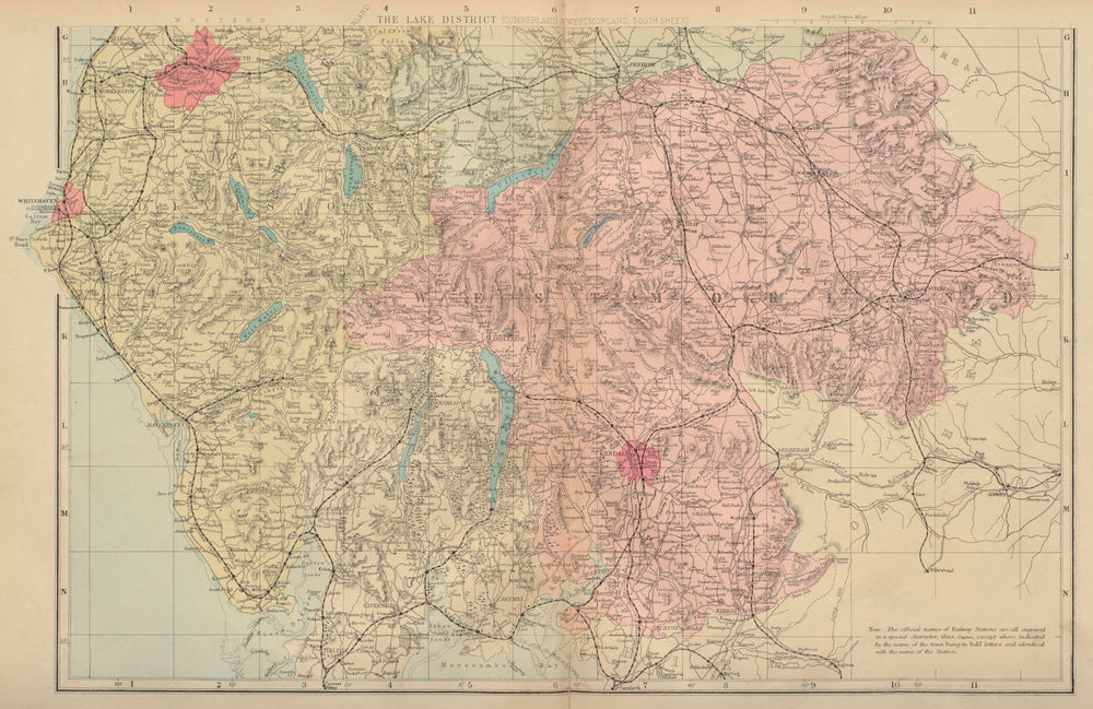 LAKE DISTRICT Cumbria & Westmorland (South sheet) county map GW BACON 1883