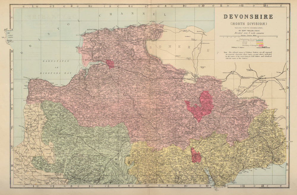 DEVON (North) antique county map by GW BACON 1883 old plan chart
