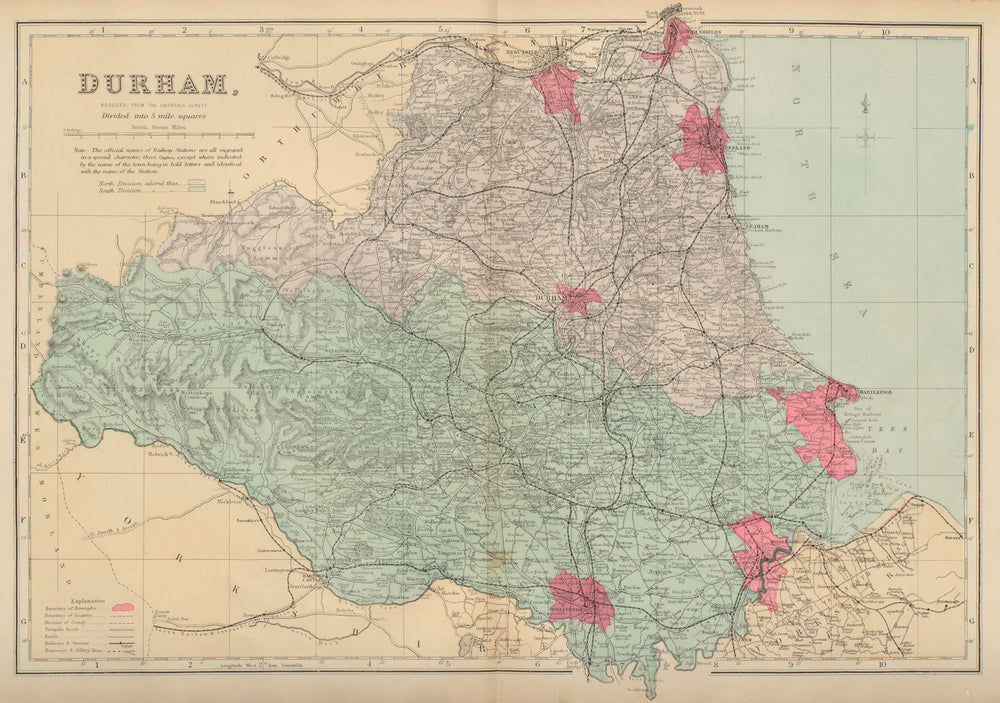 DURHAM antique county map by GW BACON 1883 old vintage plan chart