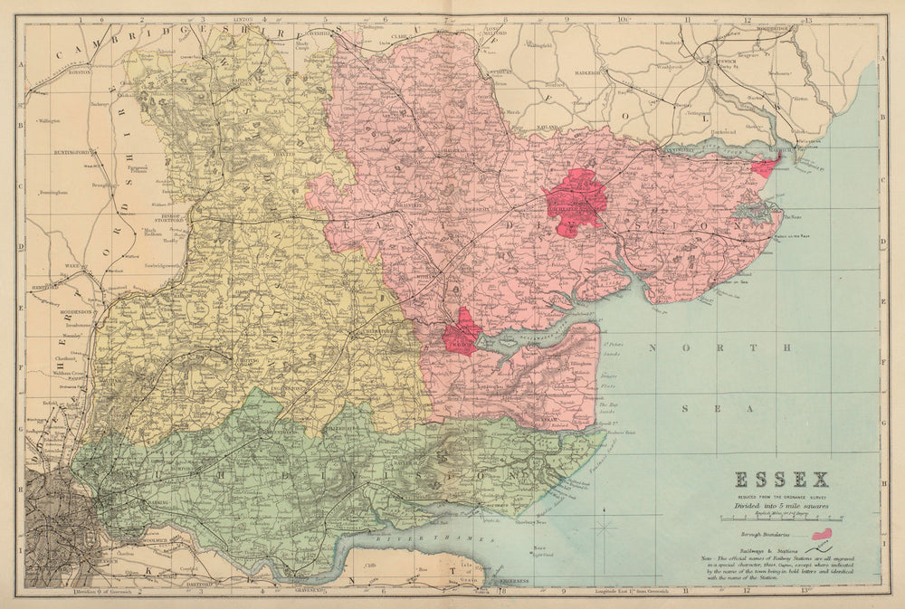 ESSEX antique county map by GW BACON 1883 old vintage plan chart