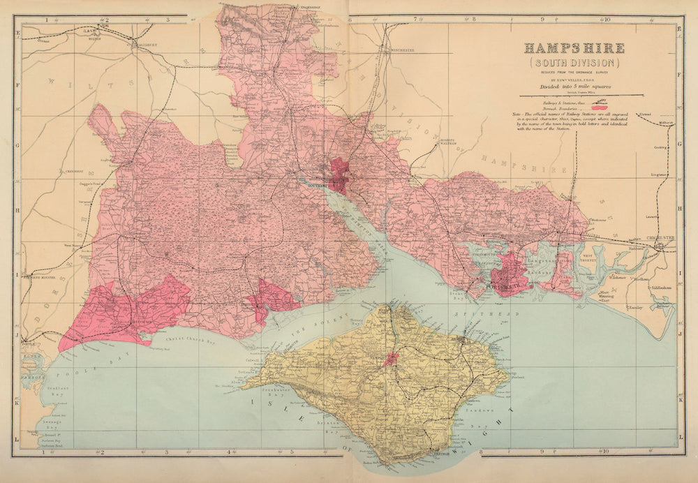 HAMPSHIRE (South) antique county map by GW BACON 1883 old chart