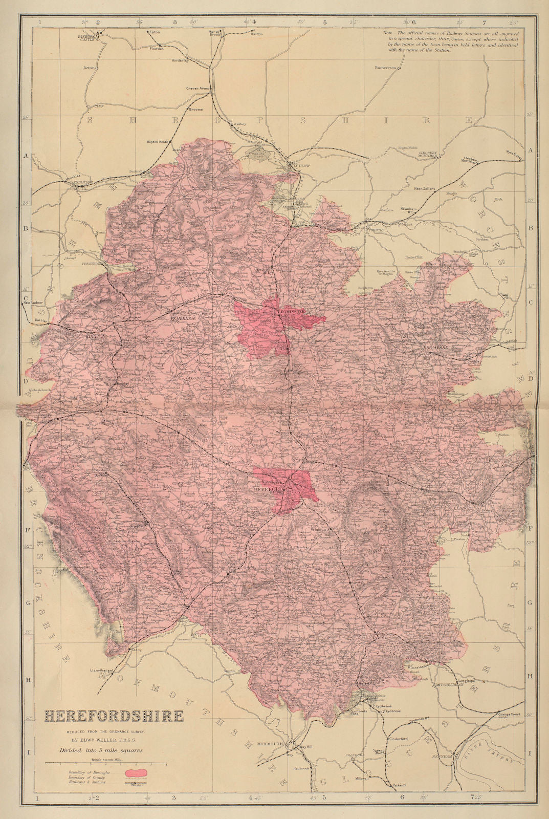 HEREFORDSHIRE antique county map by GW BACON 1883 old plan chart ...