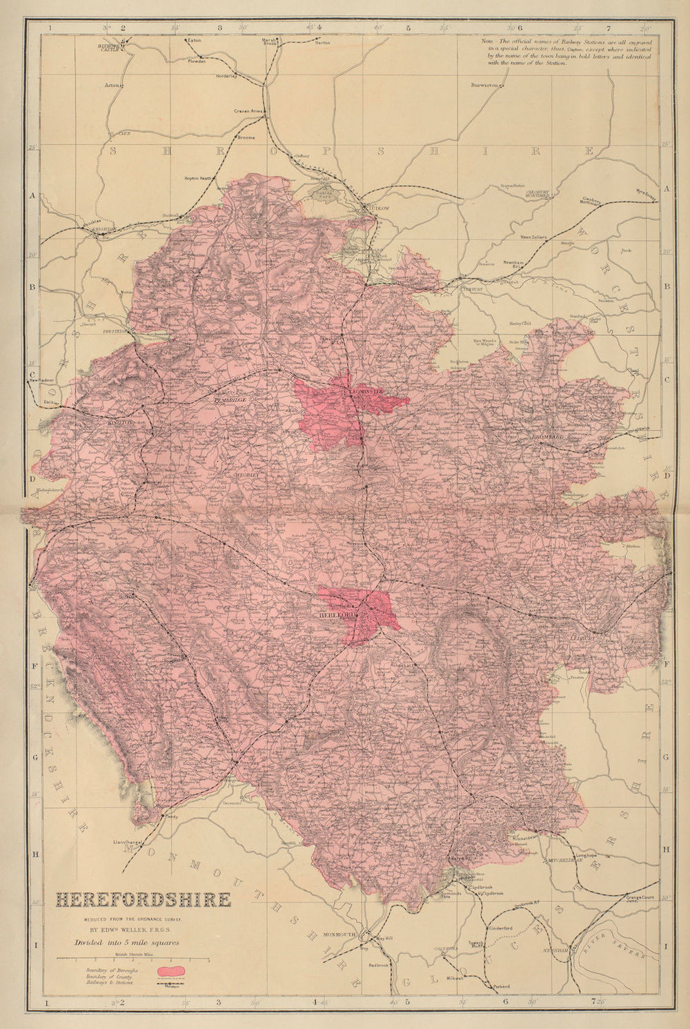HEREFORDSHIRE antique county map by GW BACON 1883 old plan chart