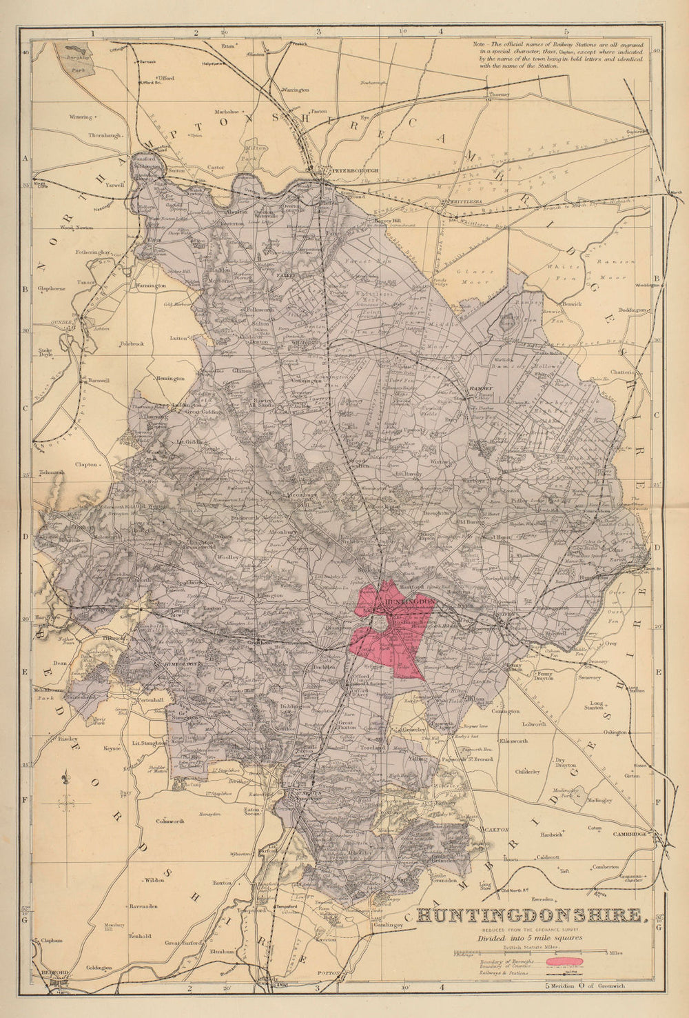 HUNTINGDONSHIRE antique county map by GW BACON 1883 old plan chart