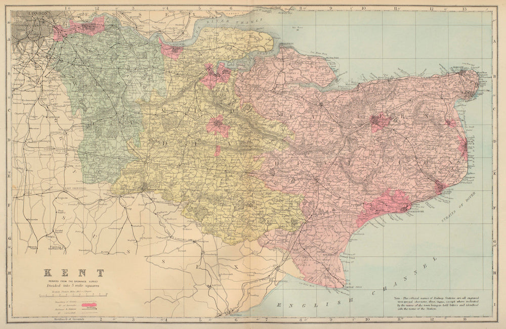 KENT antique county map by GW BACON 1883 old vintage plan chart