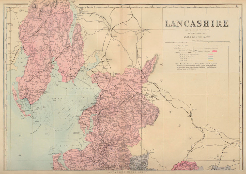 LANCASHIRE (North sheet) antique county map by GW BACON 1883 old