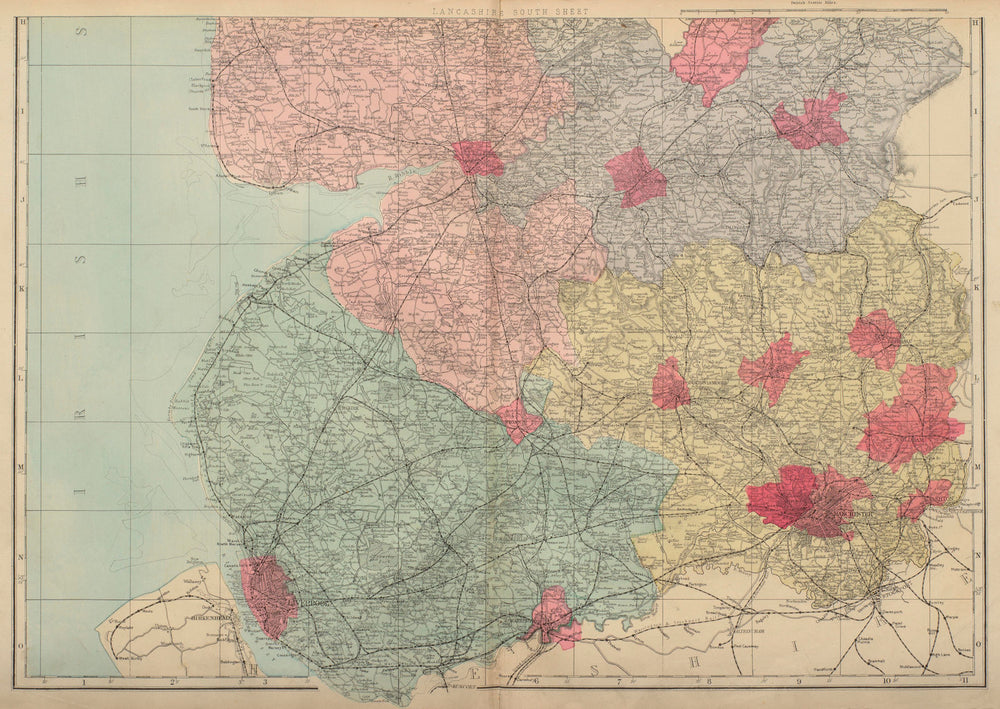 LANCASHIRE (South sheet) antique county map by GW BACON 1883 old