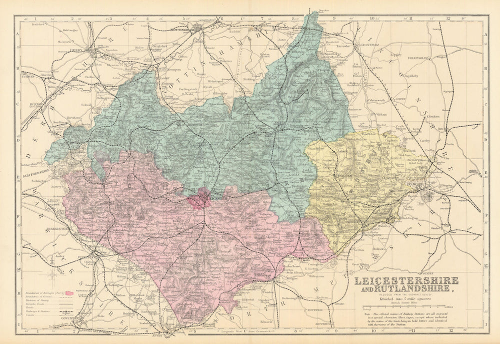 LEICESTERSHIRE & RUTLANDSHIRE antique county map by GW BACON 1883 old