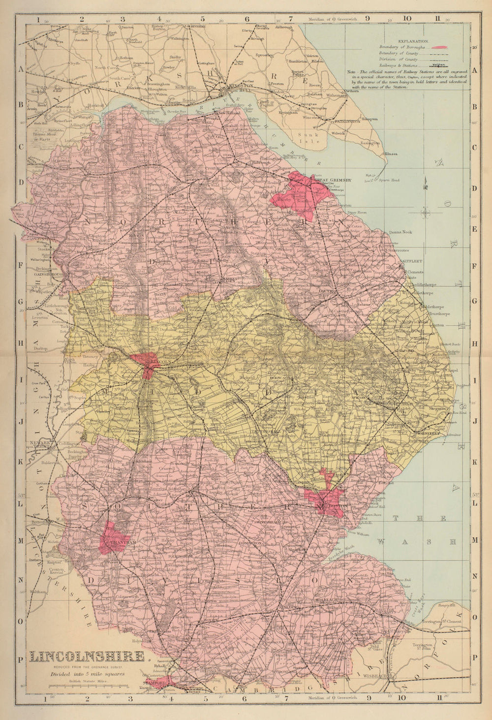 LINCOLNSHIRE antique county map by GW BACON 1883 old plan chart