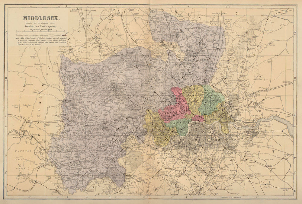 MIDDLESEX antique county map by GW BACON 1883 old plan chart