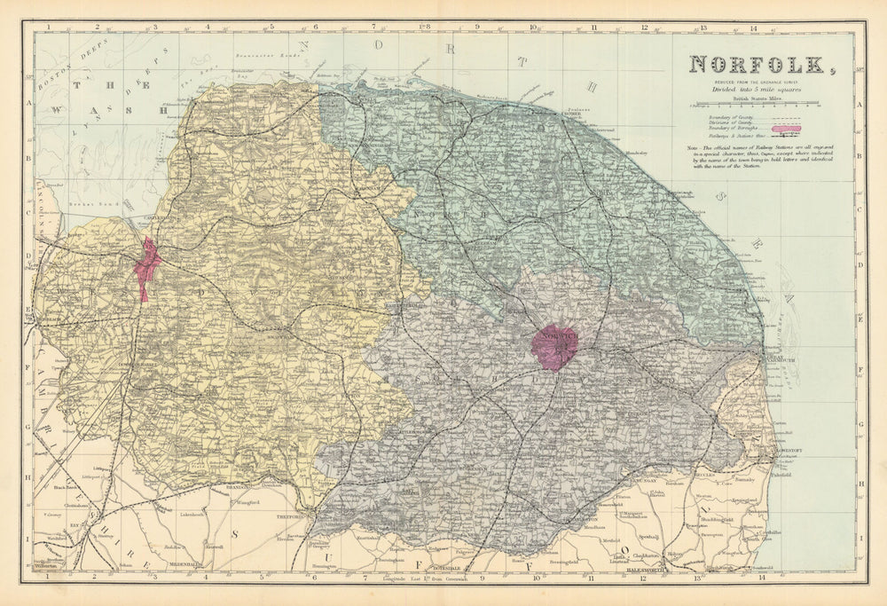 NORFOLK antique county map by GW BACON 1883 old vintage plan chart
