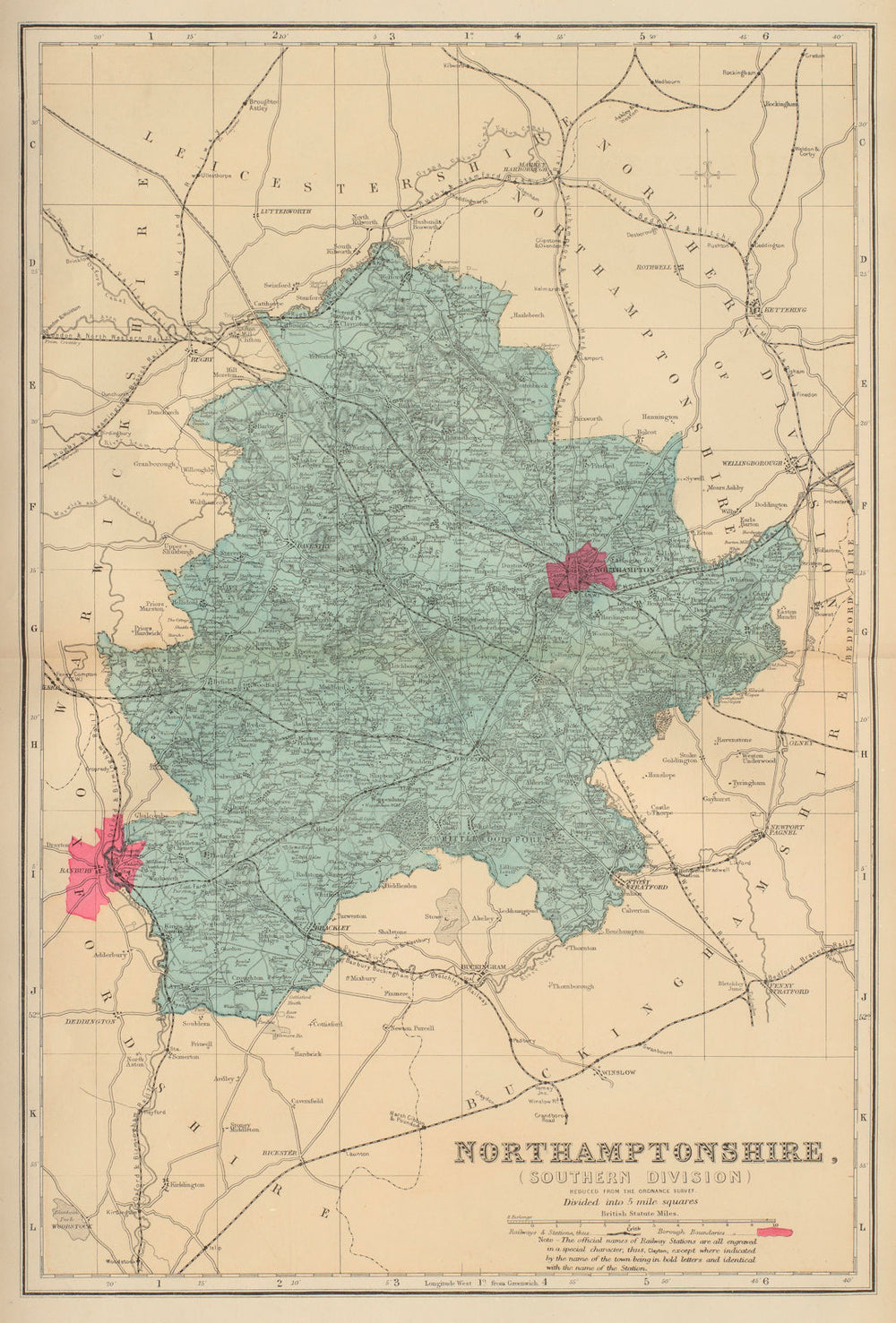 NORTHAMPTONSHIRE (South) antique county map by GW BACON 1883 old