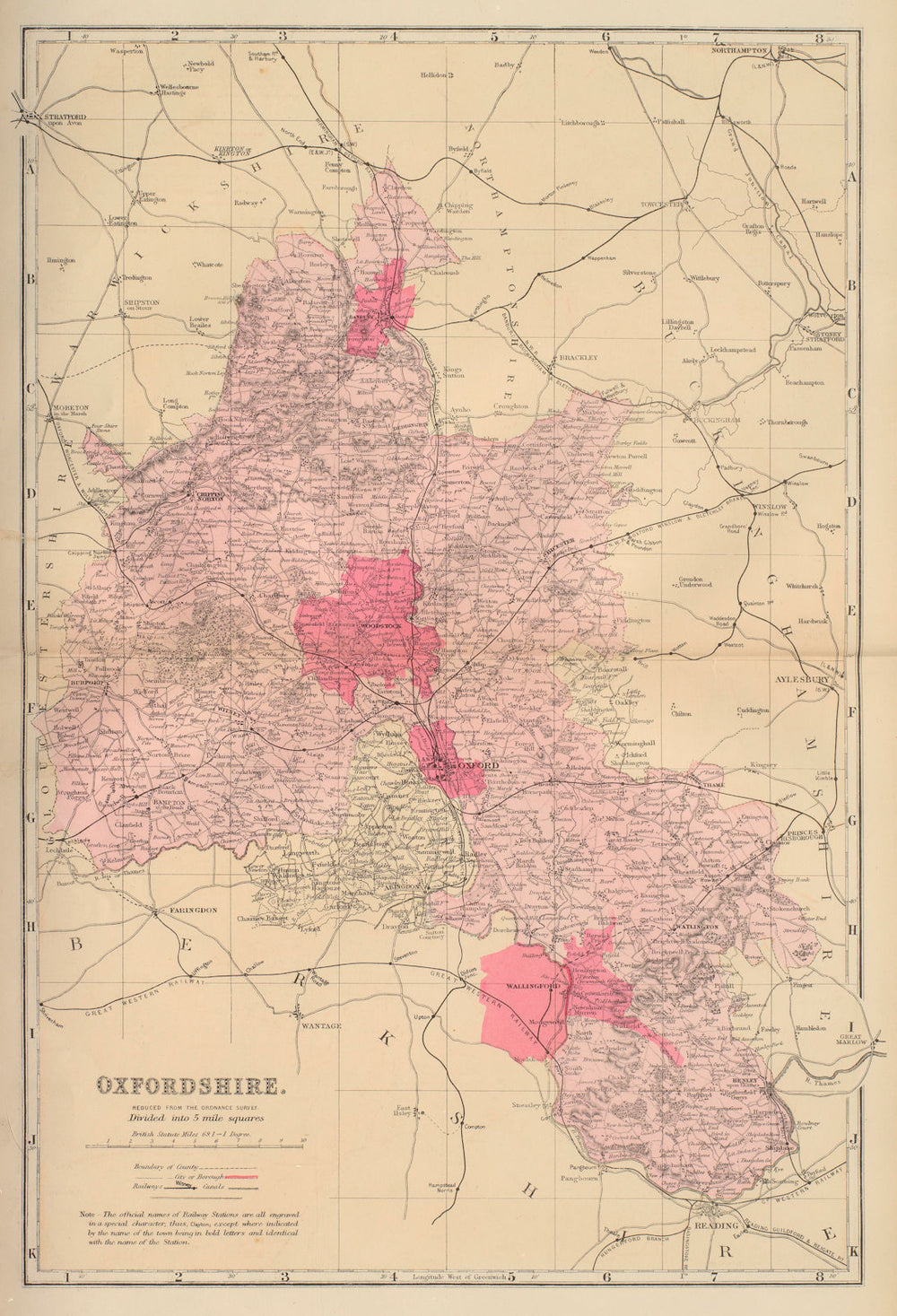 OXFORDSHIRE antique county map by GW BACON 1883 old plan chart