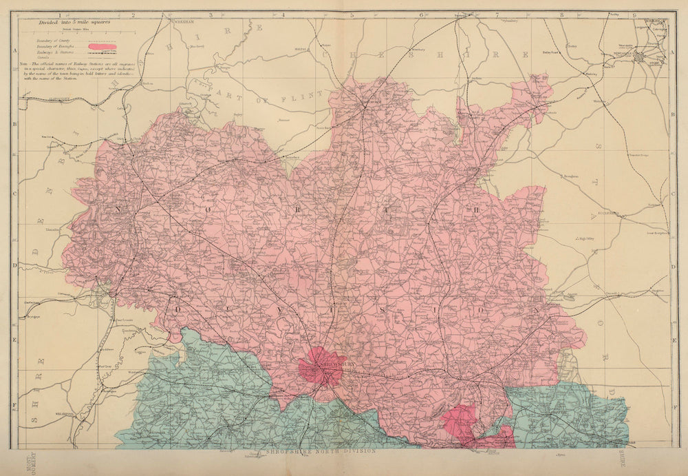 SHROPSHIRE (North) antique county map by GW BACON 1883 old chart
