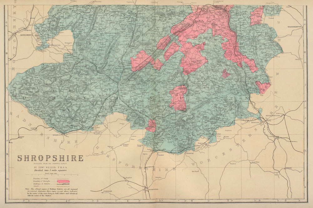 SHROPSHIRE (South) antique county map by GW BACON 1883 old chart