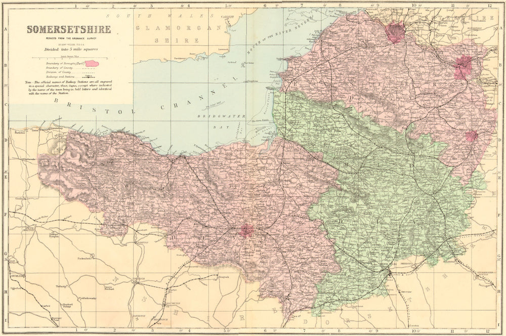 SOMERSETSHIRE Somerset antique county map by GW BACON 1883 old